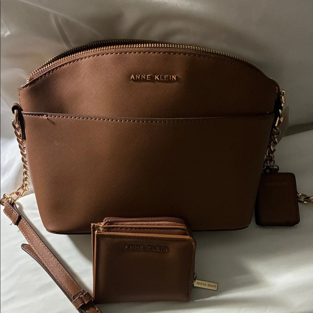 Anne Klein Chestnut Brown Saffiano Crossbody with Matching Wallet